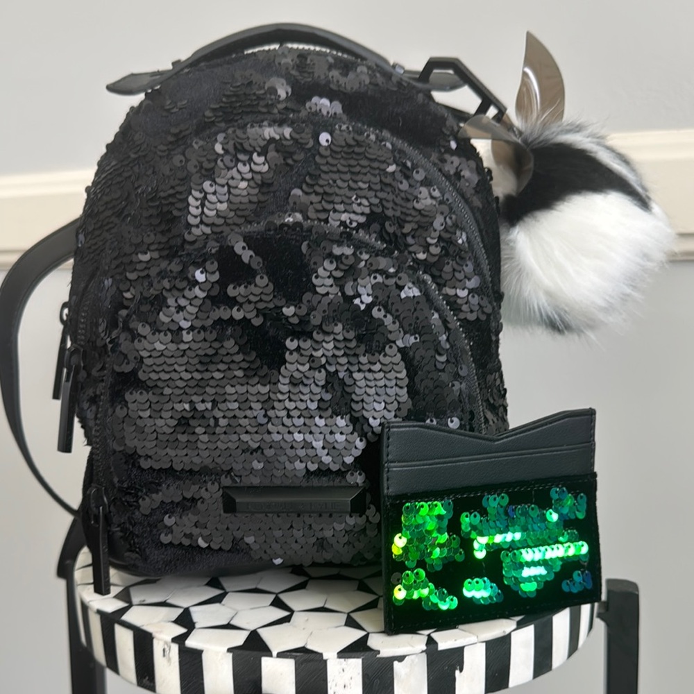 Kendall+Kylie Black Sequin Backpack with Green Sequin Card Wallet and Charm
